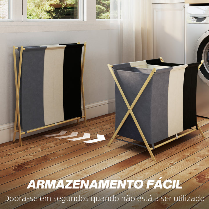 Cesto para Roupa Suja Dobrável com 3 Compartimentos Capacidade de 129L Cesto para a Lavandaria com Estrutura em Forma de X de Bambu e Sacos Removíveis 75x48x67 cm Multicolor
