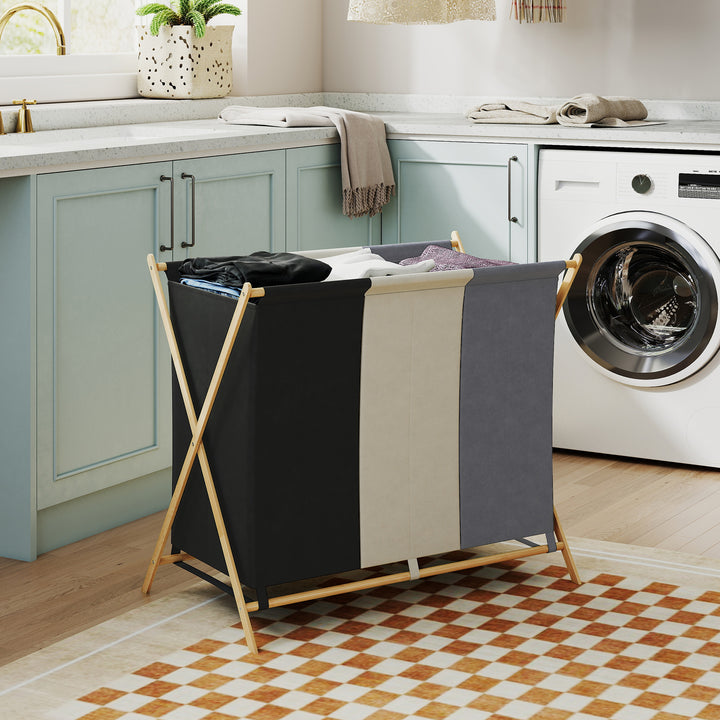 Cesto para Roupa Suja Dobrável com 3 Compartimentos Capacidade de 129L Cesto para a Lavandaria com Estrutura em Forma de X de Bambu e Sacos Removíveis 75x48x67 cm Multicolor