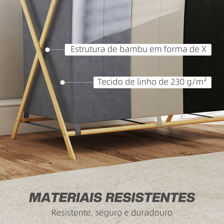 Cesto para Roupa Suja Dobrável com 3 Compartimentos Capacidade de 129L Cesto para a Lavandaria com Estrutura em Forma de X de Bambu e Sacos Removíveis 75x48x67 cm Multicolor