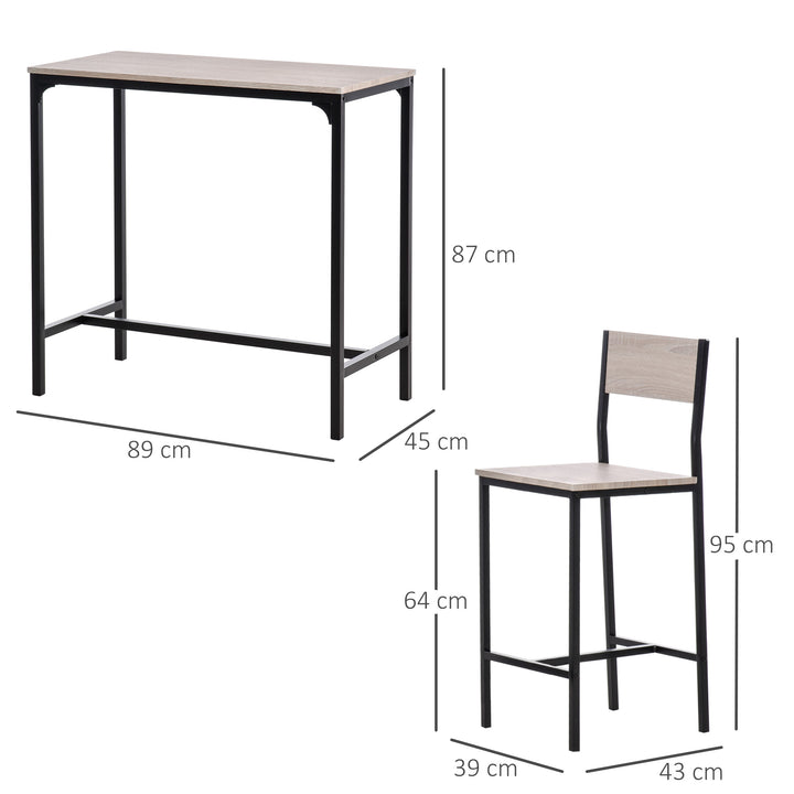 Conjunto de Mesa de Bar com 2 Bancos Conjunto de 3 Peças com 2 Bancos com Encosto e Apoio para Pés Desenho Industrial para Cozinha Sala de Estar Bar Madeira e Preto