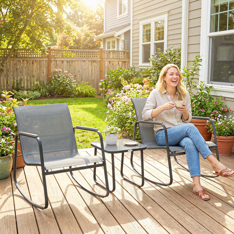 Conjunto de Mesa e Cadeiras de Terraço Exterior de 3 Peças, Móveis de Jardim com 2 Cadeiras de Balanço Mesa com Tampo de Vidro e Estrutura de Aço para Varanda ou Pátio Cinza