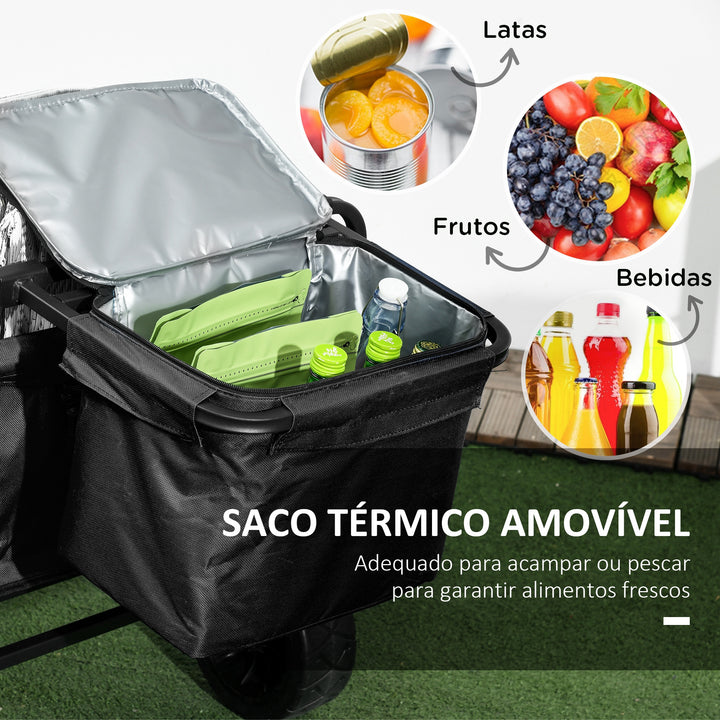 Carrinho de Transporte com Bolsa Térmica Removível Carrinho Dobrável com Alça Ajustável e Bolsa de Transporte Capacidade 100 kg para Campismo Praia 113x57x77-100 cm Preto