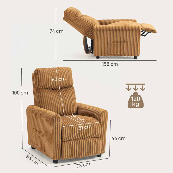 Poltrona Relax Reclinável Poltrona Reclinável Manual Estofada em Veludo Instalação Rápida Apoio para Pés Acolchoamento Grosso Para Sala de Estar Quarto Escritório 73x86x100 cm Marrom
