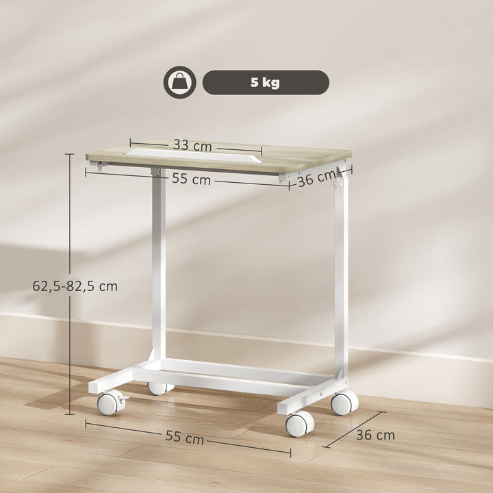 Mesa Auxiliar com Rodas Mesa para Sofá com Altura Ajustável Superfície Inclinável e Estrutura de Metal para Quarto Sala e Escritório 55x36x62,5-82,5 cm Madeira
