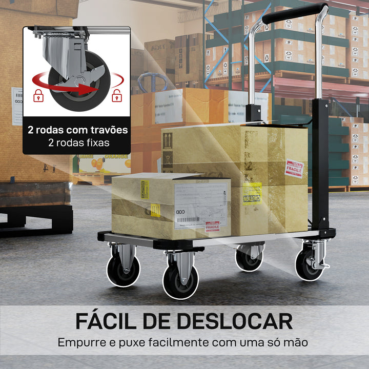 Carro de Transporte Dobrável de Alumínio com Rodas Carga 150 kg Carro de Mão com Plataforma Extensível e Pega Ajustável para Garagem, Escritório Bagagem Viagens e Compras 71,5x42x95 cm Prata e Preto