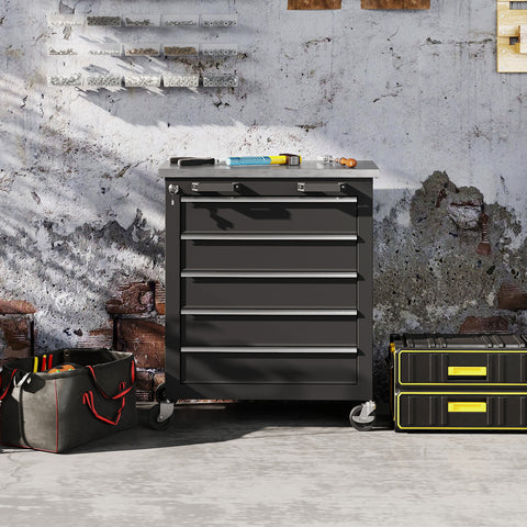 Carrinho de Ferramentas com 5 Gavetas e Fecho Carrinho de Oficina com Rodas com Travão e Bancada em Aço Inoxidável Caixa de Ferramentas com Conectores Laterais para Garagem Preto e Prateado