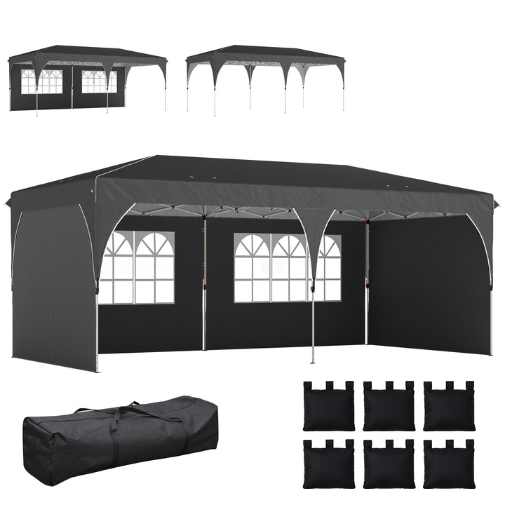 Tenda Dobrável 6x3 m Pop-up com 4 Laterais Amovíveis Tenda de Jardim com Faixas Refletoras Altura Ajustável Sistema Central de Bloqueio UPF50+ Impermeável Bolsa de Transporte Cinzento