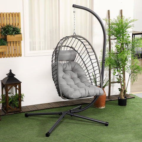 Poltrona Suspensa de Vime Poltrona Suspensa Dobrável com 2 Almofadas e Estrutura de Aço Capacidade 100 kg para Uso Interior e Exterior 100x131x194 cm Cinza Escuro