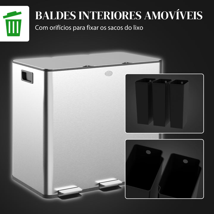 Balde de Lixo de Cozinha com 3 Compartimentos 3x15L Cubo de Lixo de Aço Inoxidável com Pedais Tampas com Fechamento Suave e Cubo Amovível para Escritório Cozinha Prata