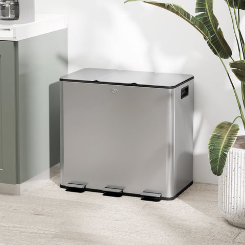 Balde de Lixo de Cozinha com 3 Compartimentos 3x15L Cubo de Lixo de Aço Inoxidável com Pedais Tampas com Fechamento Suave e Cubo Amovível para Escritório Cozinha Prata