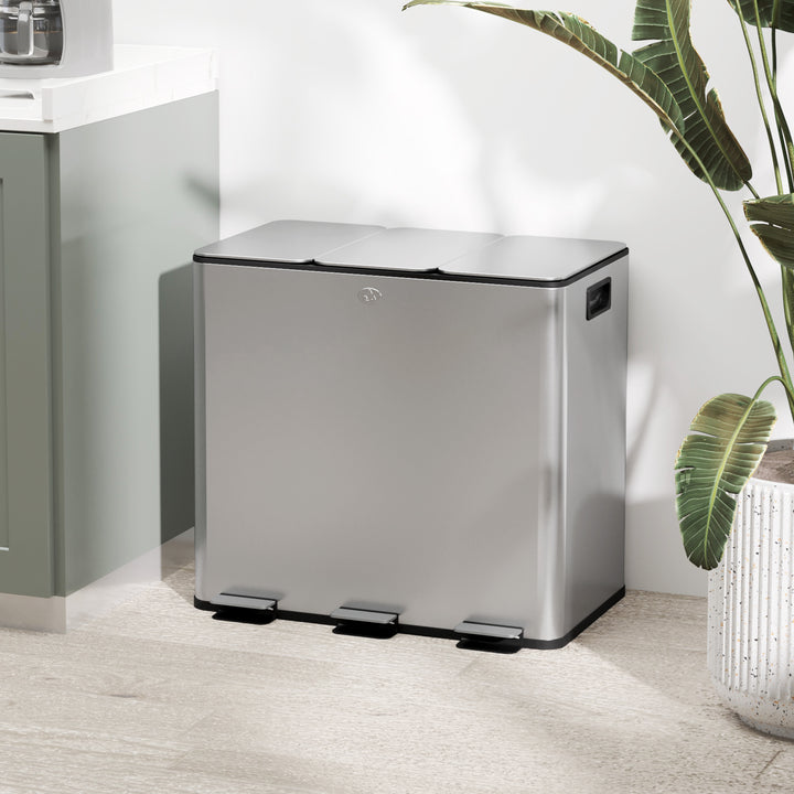 Balde de Lixo de Cozinha com 3 Compartimentos 3x15L Cubo de Lixo de Aço Inoxidável com Pedais Tampas com Fechamento Suave e Cubo Amovível para Escritório Cozinha Prata