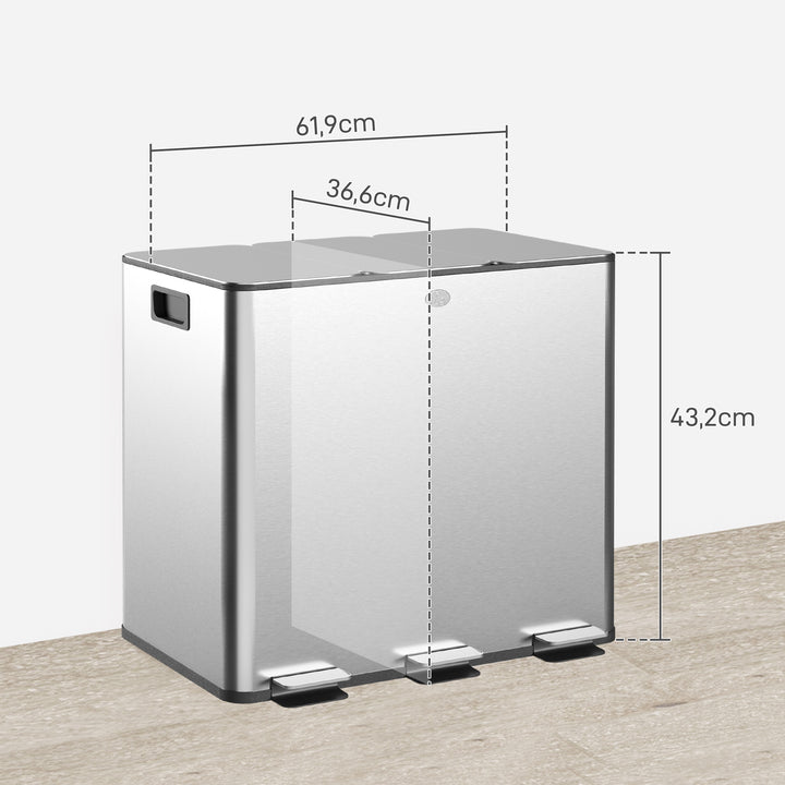 Balde de Lixo de Cozinha com 3 Compartimentos 3x15L Cubo de Lixo de Aço Inoxidável com Pedais Tampas com Fechamento Suave e Cubo Amovível para Escritório Cozinha Prata