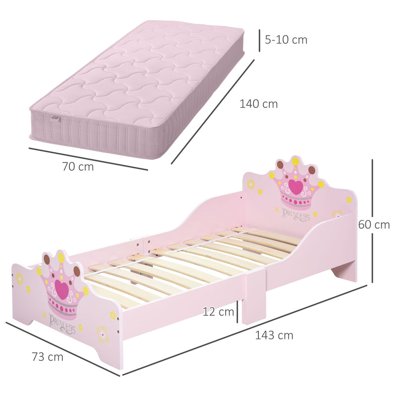 Cama de Criança +3 anos 143x73x60 cm Cama de Criança em Madeira com Estampado de Coroa Carga 50 kg para Quarto Rosa