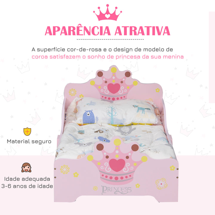 Cama de Criança +3 anos 143x73x60 cm Cama de Criança em Madeira com Estampado de Coroa Carga 50 kg para Quarto Rosa