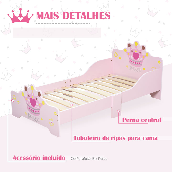 Cama de Criança +3 anos 143x73x60 cm Cama de Criança em Madeira com Estampado de Coroa Carga 50 kg para Quarto Rosa