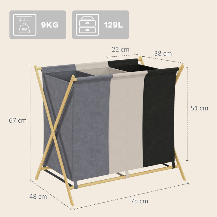Cesto para Roupa Suja Dobrável com 3 Compartimentos Capacidade de 129L Cesto para a Lavandaria com Estrutura em Forma de X de Bambu e Sacos Removíveis 75x48x67 cm Multicolor