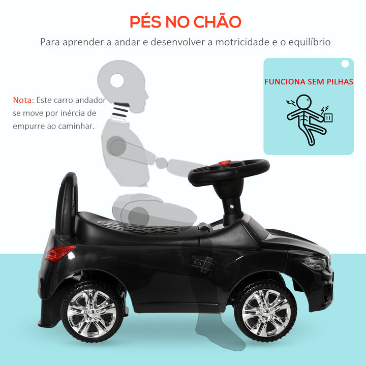 Carro Andador para Crianças de 18-36 Meses com Faróis Música Buzina Volante Compartimento de Armazenamento e Alça para Empurrar 63,5x28x36 cm Preto