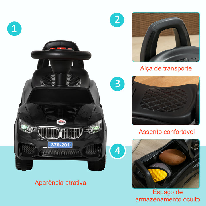 Carro Andador para Crianças de 18-36 Meses com Faróis Música Buzina Volante Compartimento de Armazenamento e Alça para Empurrar 63,5x28x36 cm Preto