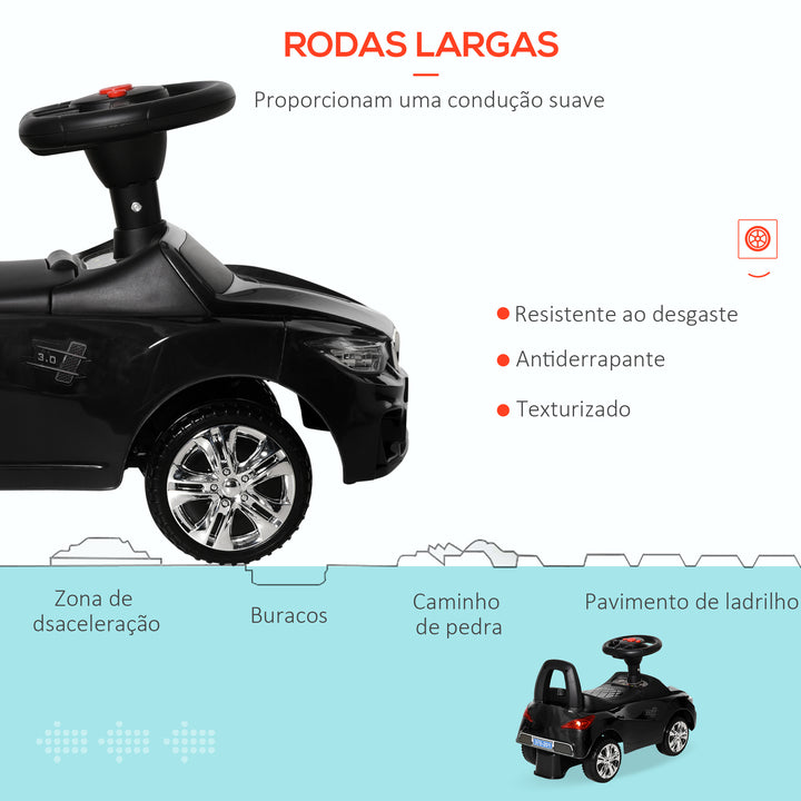 Carro Andador para Crianças de 18-36 Meses com Faróis Música Buzina Volante Compartimento de Armazenamento e Alça para Empurrar 63,5x28x36 cm Preto
