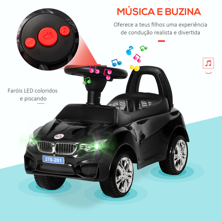 Carro Andador para Crianças de 18-36 Meses com Faróis Música Buzina Volante Compartimento de Armazenamento e Alça para Empurrar 63,5x28x36 cm Preto