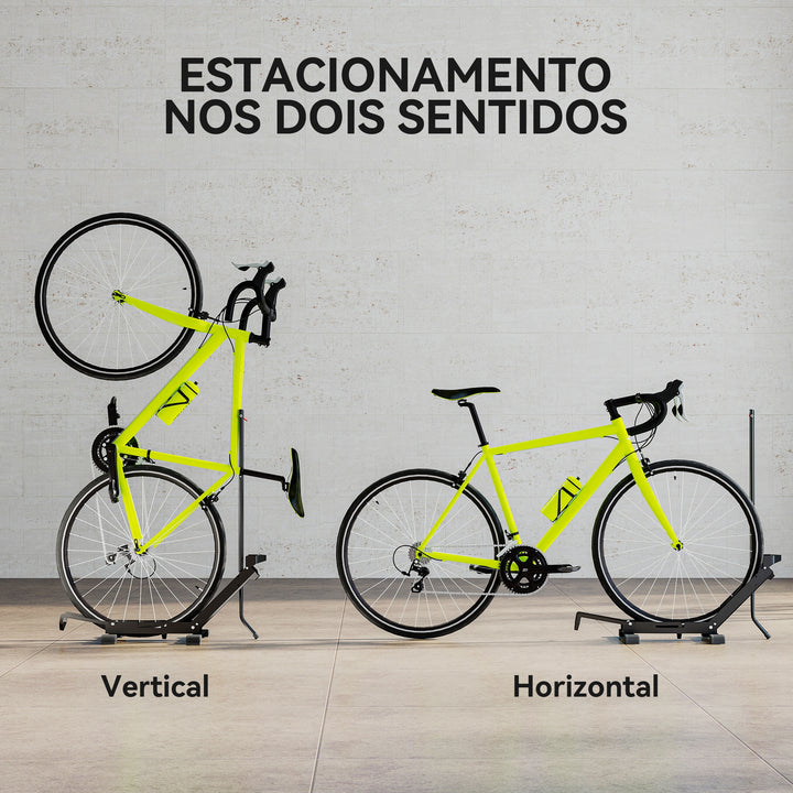 Suporte de Chão para Bicicletas Vertical e Horizontal com Altura Ajustável para Rodas de 20"-29" e 700c em Aço com Base Antiderrapante para Casa Garagem ou Oficina 75x41x71-81 cm Preto