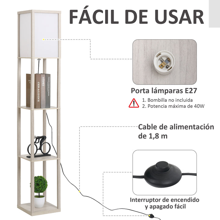 Candeeiro de Pé de Madeira com 3 Prateleiras De Armazenamento para Lâmpada E27 Potência Máx. 40W Candeeiro Moderno para Sala de Estar Dormitório 26x26x160cm Carvalho e Branco