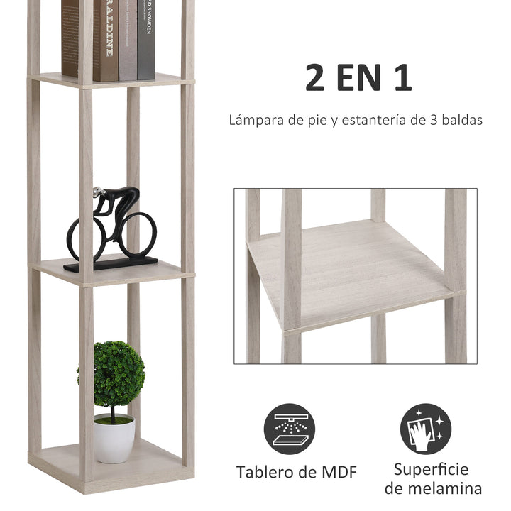 Candeeiro de Pé de Madeira com 3 Prateleiras De Armazenamento para Lâmpada E27 Potência Máx. 40W Candeeiro Moderno para Sala de Estar Dormitório 26x26x160cm Carvalho e Branco