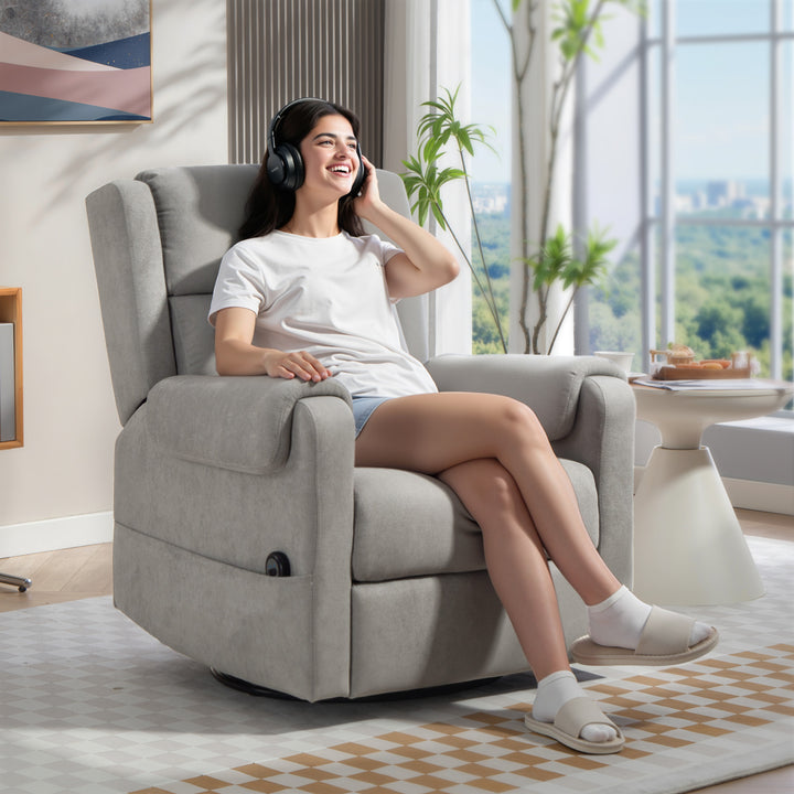 Poltrona Relax Reclinável Elétrica Giratória e Basculante com Apoio para os Pés Ajustável Controlo Remoto Acolchoamento Espesso Tecido Chenille para Quarto Sala de Estar 86x89x99 cm Cinzento Claro