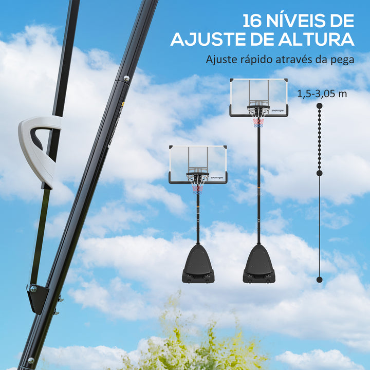 Tabela de Basquetebol para Exterior Altura Ajustável em 16 Níveis 150-305 cm Tabela de Basquetebol Portátil com Rodas Base Recarregável e Sistema de Retorno para Adultos e Adolescentes Preto