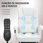 Cadeira de Massagem com 6 Pontos de Massagem Cadeira de Escritório com Apoio para os Pés Retrátil Altura Ajustável Controlo Remoto e Suporte Lombar Estofado em PU 69x65x107-115 cm Branco