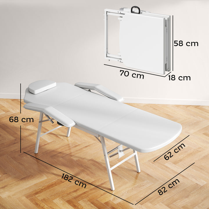 Marquesa de Massagem Dobrável Portátil de 3 Secções com Encosto e Suporte para Pernas Ajustáveis Apoio de Cabeça Removível Apoios de Braços Acolchoados para Spa 182x82 cm Branco