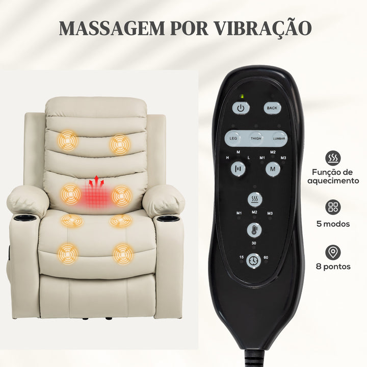 Poltrona Relax Reclinável Elétrica Elevatória com Massagem Vibratória e Aquecimento Poltrona Elevatória com Porta USB Controlo Remoto Apoio para Pés Estofada em PU Bolsos Laterais Creme