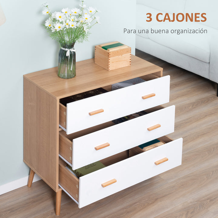 Cómoda de Madeira com 3 Gavetas Armário Auxiliar de Armazenamento Moderna com Pés Elevados para Dormitório Sala de Estar 80x39x80cm Branco e Madeira Natural