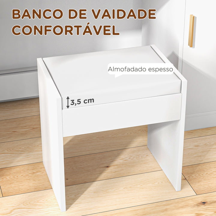 Toucador de Maquilhagem com Banco Mesa de Maquilhagem com Espelho LED Gavetas Prateleira Ajustável e Prateleiras Abertas para Dormitório Sala de Estar Branco