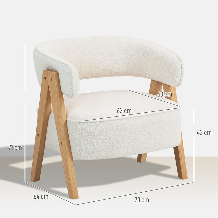 Poltrona de Sala de Estar Estofada em Borreguito Poltrona de Leitura Almofadada e Moderna Assento Largo Pés de Madeira e Encosto Curvo para Quarto Escritório 70x64x71 cm Branco