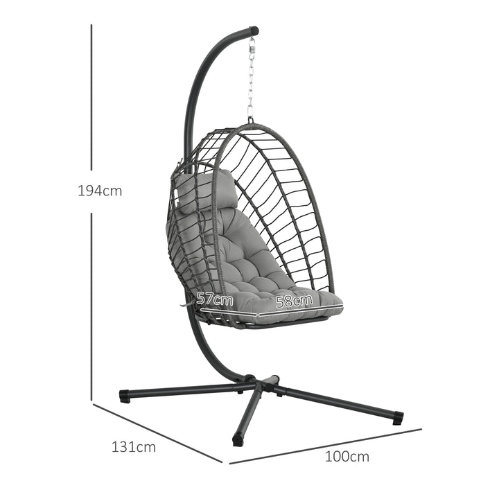 Poltrona Suspensa de Vime Poltrona Suspensa Dobrável com 2 Almofadas e Estrutura de Aço Capacidade 100 kg para Uso Interior e Exterior 100x131x194 cm Cinza Escuro