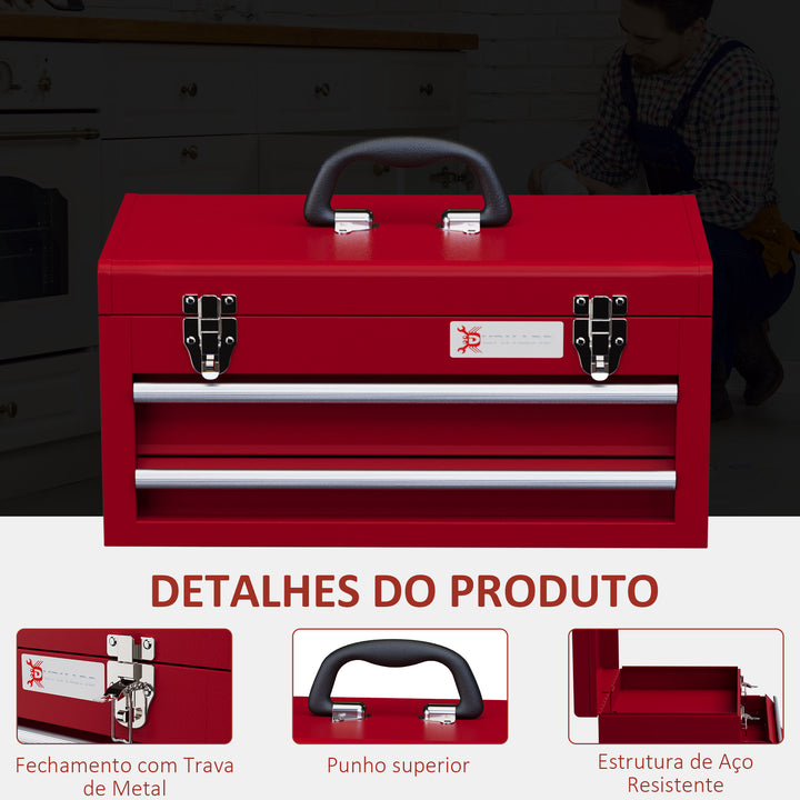 Caixa de Ferramentas de Aço com 2 Gavetas Tampa Abatível e Fechaduras Metálicas Mala de Ferramentas Portátil para Oficina Bricolage Casa 46x24x22 cm Vermelho