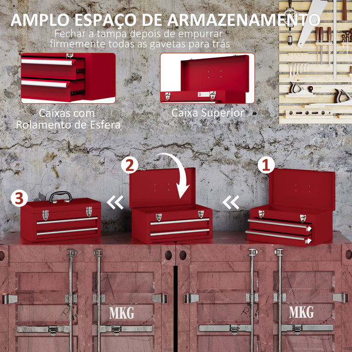 Caixa de Ferramentas de Aço com 2 Gavetas Tampa Abatível e Fechaduras Metálicas Mala de Ferramentas Portátil para Oficina Bricolage Casa 46x24x22 cm Vermelho