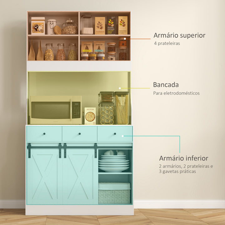 Armário de Cozinha Móvel Auxiliar de Cozinha com 2 Portas Corrediças 3 Gavetas Bancada para Micro-Ondas e Prateleiras Ajustáveis 93,5x40x180 cm Branco