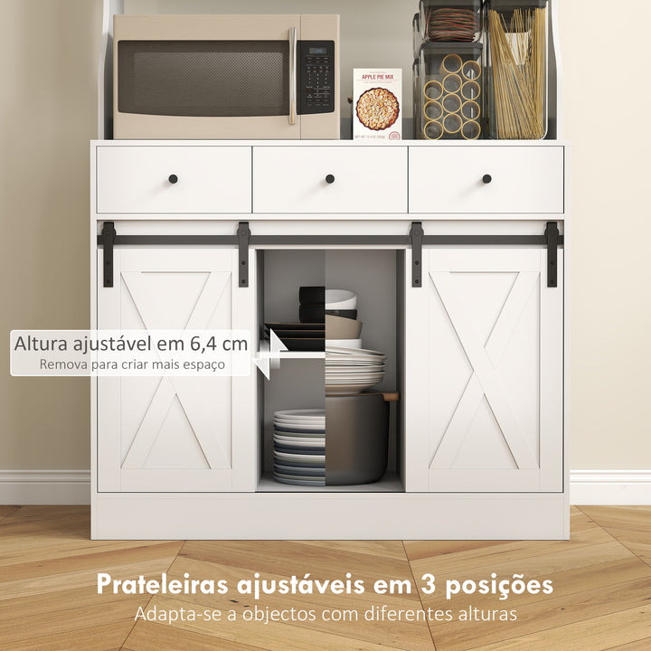 Armário de Cozinha Móvel Auxiliar de Cozinha com 2 Portas Corrediças 3 Gavetas Bancada para Micro-Ondas e Prateleiras Ajustáveis 93,5x40x180 cm Branco