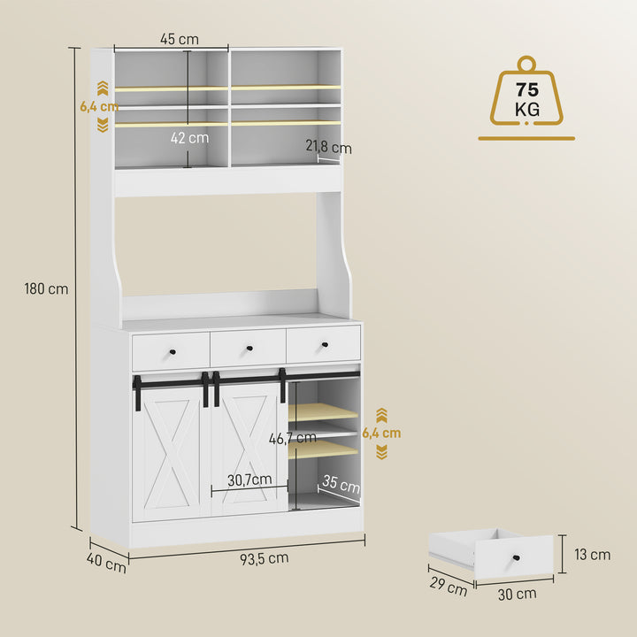 Armário de Cozinha Móvel Auxiliar de Cozinha com 2 Portas Corrediças 3 Gavetas Bancada para Micro-Ondas e Prateleiras Ajustáveis 93,5x40x180 cm Branco