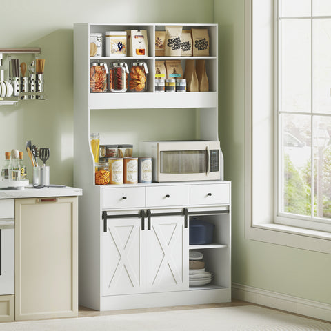 Armário de Cozinha Móvel Auxiliar de Cozinha com 2 Portas Corrediças 3 Gavetas Bancada para Micro-Ondas e Prateleiras Ajustáveis 93,5x40x180 cm Branco