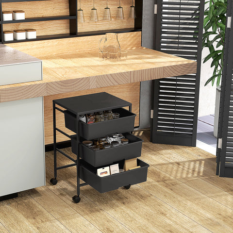 Carrinho Auxiliar com Rodas Carrinho de Cozinha de 3 Níveis com 3 Cestos para Armazenamento e Estrutura de Aço para Sala de Jantar Banheiro 40,8x33,5x60,5 cm Preto