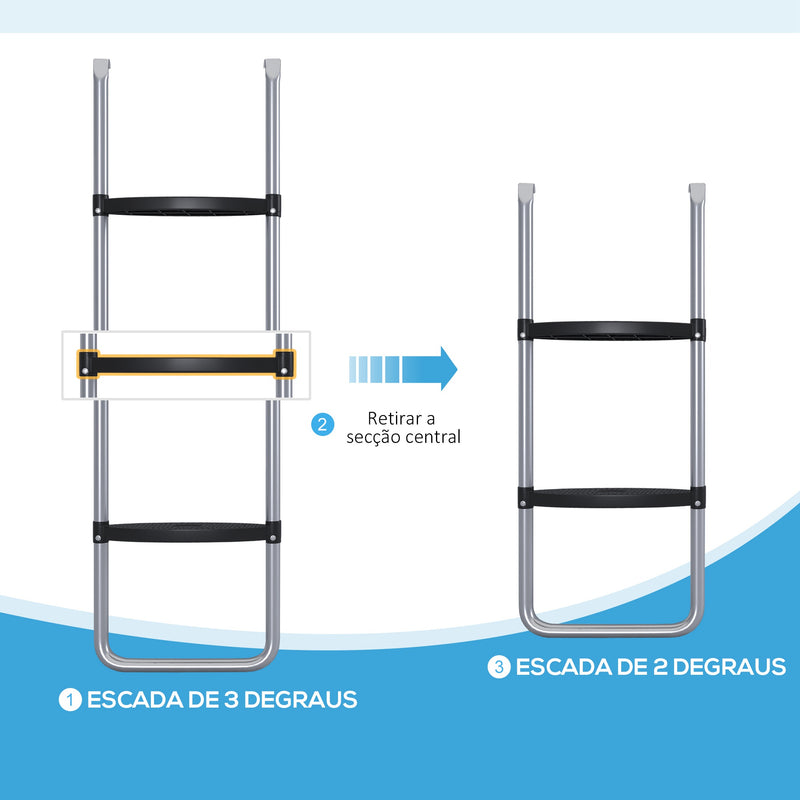 Escada para Trampolim de Aço Escada para Trampolim de 3 ou 2 Degraus com Degraus Largos e 2 Ganchos Capacidade 120 kg 110x32 cm Prata