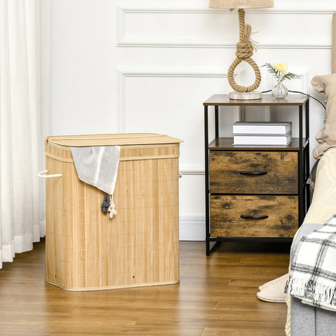 Cesto de Roupa Suja com Tampa 90L Cesto de Bambu com 2 Compartimentos Bolsa Interna Removível e Lavável Alças, para Lavandaria Quarto 54,2x35,2x59,5 cm Madeira