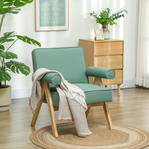 Poltrona Sala de Estar Poltrona Nórdica Poltrona Estofada em PU com Apoio para os Braços e Estrutura de Madeira de Borracha para Dormitório Carga 120 kg 73x70x80 cm Verde