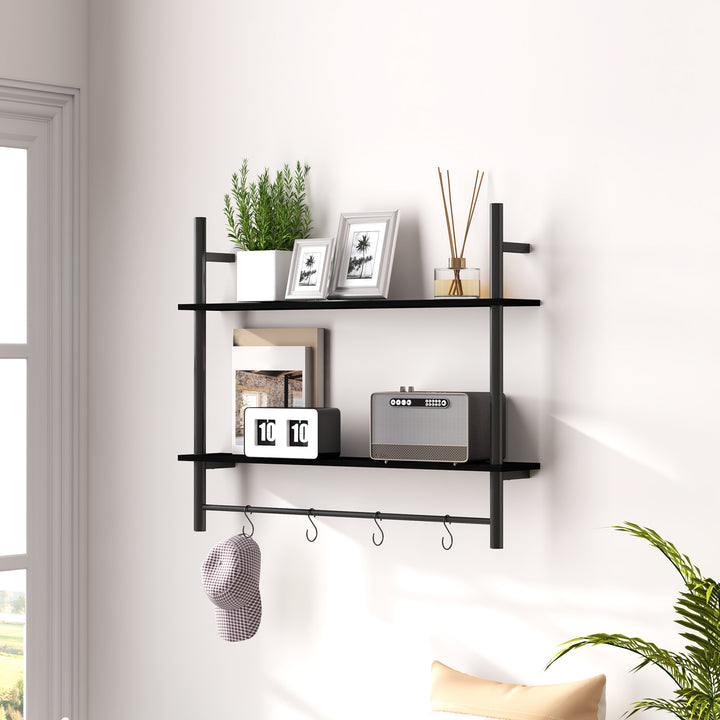Estante de Parede de 2 Níveis Estante Suspensa Prateleiras de Parede com 4 Ganchos 2 Prateleiras e Estrutura de Metal para Entrada Cozinha Sala de Estar 80x24x65 cm Preto