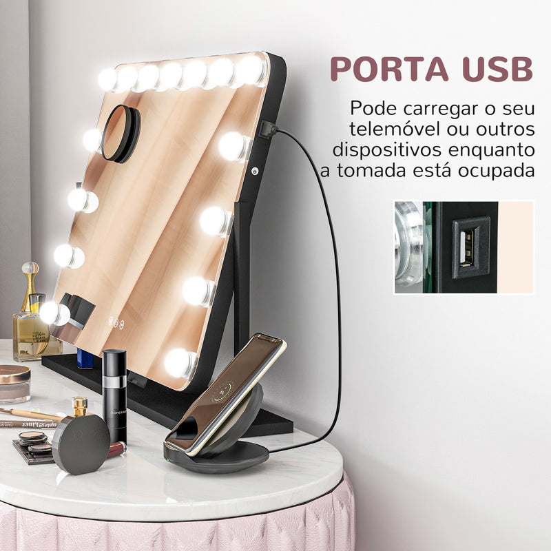 Espelho de Maquilhagem Estilo Hollywood com Luzes Espelho de Toucador Giratório 58x46 cm com 14 Lâmpadas LED 3 Modos de Iluminação Ajustáveis Interruptor Tátil Suporte para Telemóvel e Entrada USB Preto