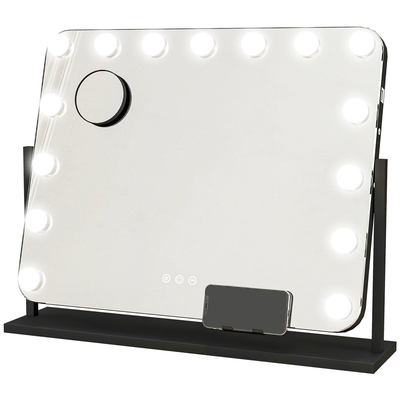 Espelho de Maquilhagem Estilo Hollywood com Luzes Espelho de Toucador Giratório 58x46 cm com 14 Lâmpadas LED 3 Modos de Iluminação Ajustáveis Interruptor Tátil Suporte para Telemóvel e Entrada USB Preto