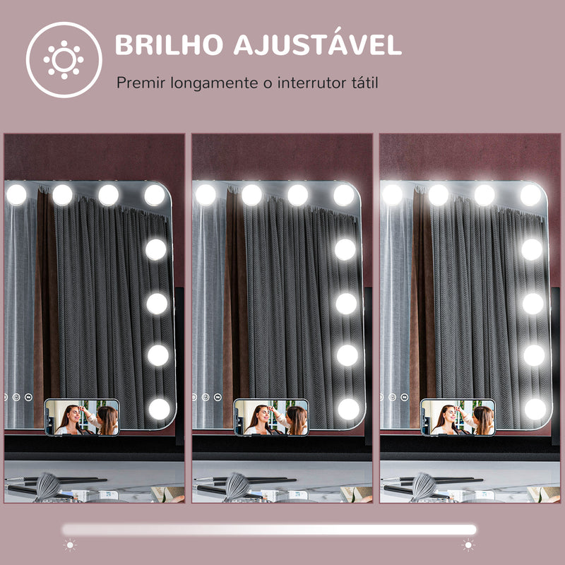 Espelho de Maquilhagem Estilo Hollywood com Luzes Espelho de Toucador Giratório 58x46 cm com 14 Lâmpadas LED 3 Modos de Iluminação Ajustáveis Interruptor Tátil Suporte para Telemóvel e Entrada USB Preto